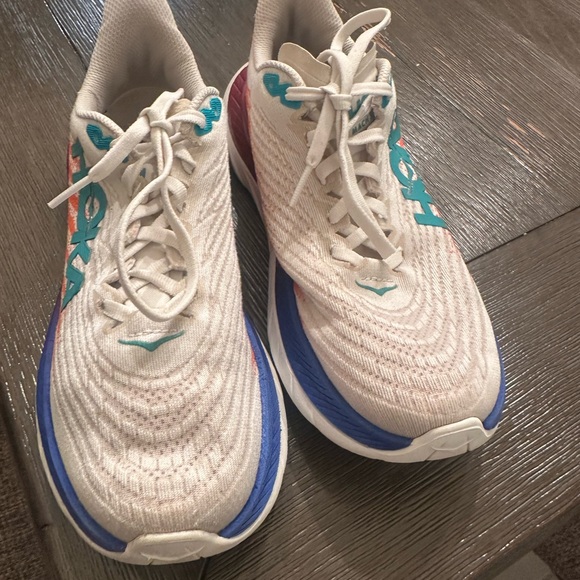 Hoka White and Orange Athletic Shoes with Blue Accents - Picture 3 of 8